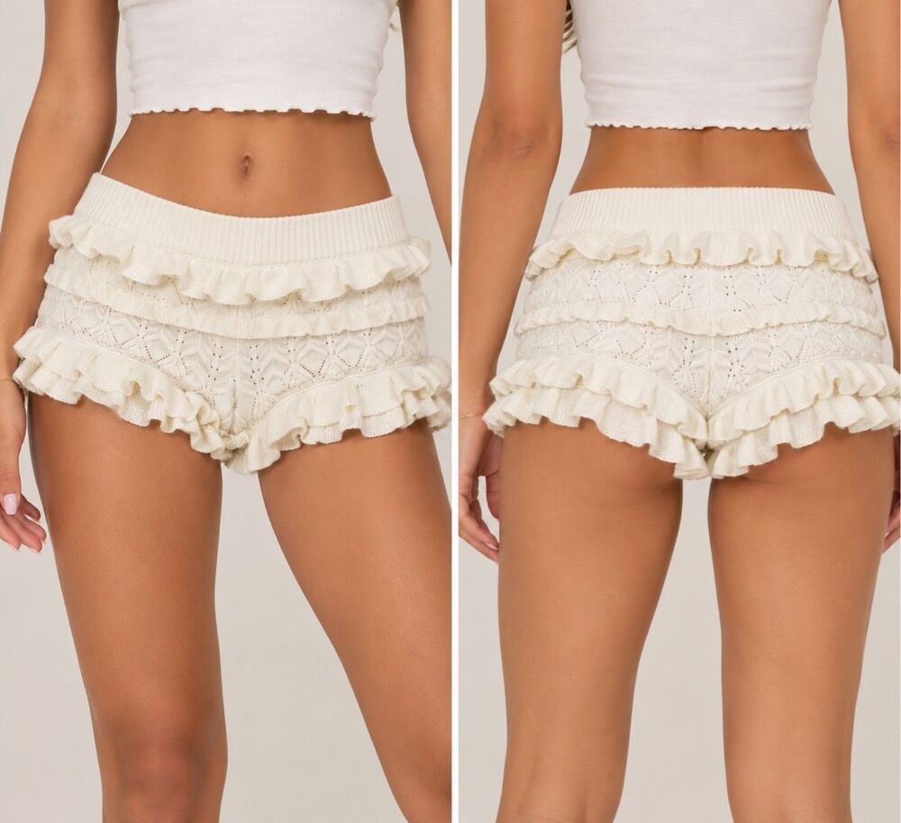 Edikted Size XS White Ruffle Knit Micro Shorts Pointelle Coquette Y2K